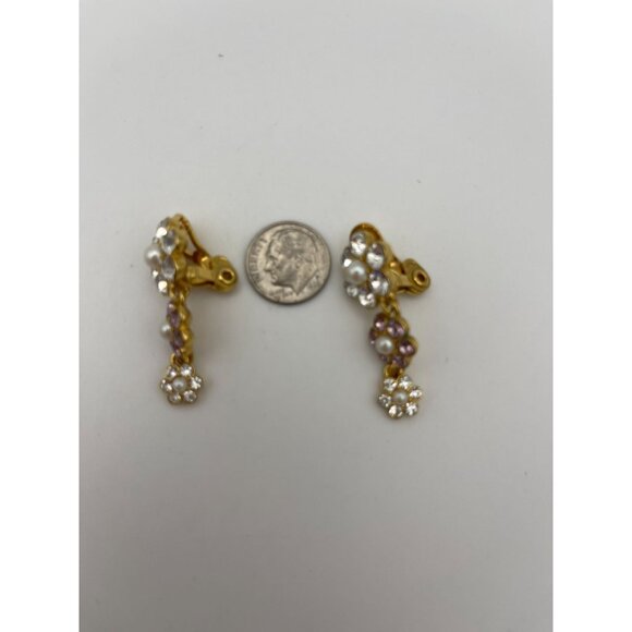 Monet Drop Flowers Clip Back Earrings Rhinestone Faux Pearls - Picture 10 of 10
